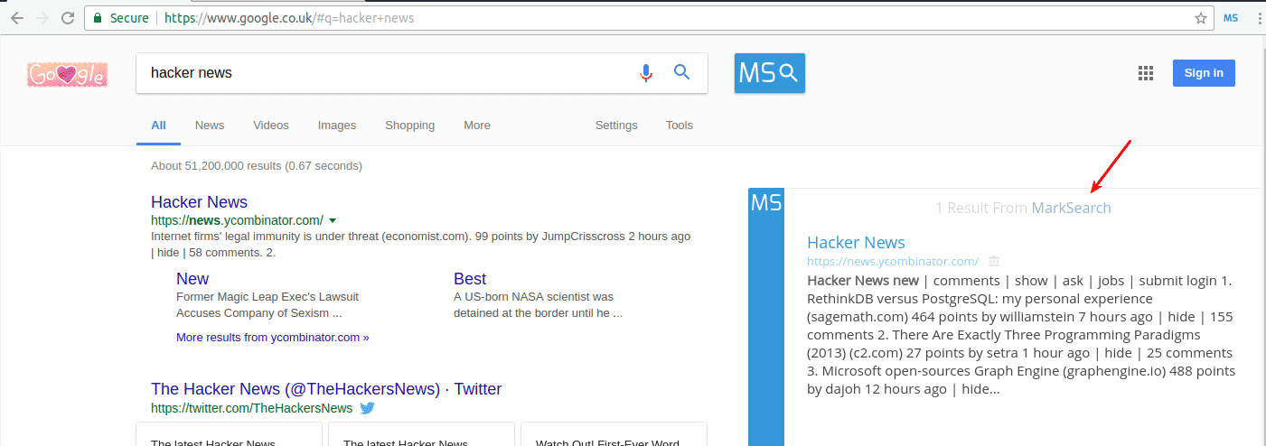Screenshot Of MarkSearch Extension MarkSearch Results Box Shortcut Link