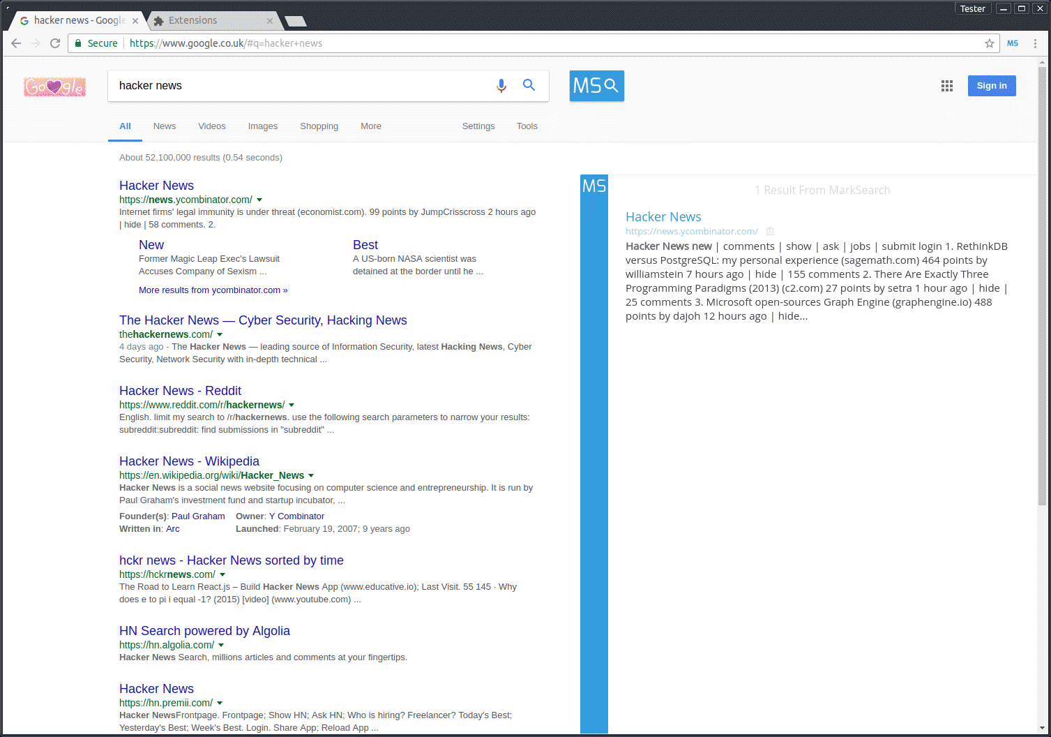 Screenshot Of MarkSearch Extension MarkSearch Results Box
