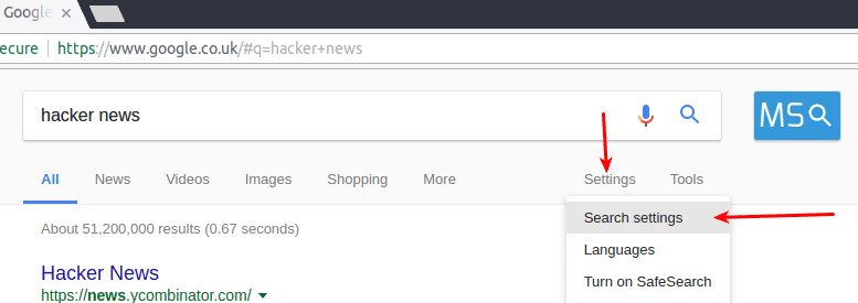 Screenshot Of Google Search Settings Button